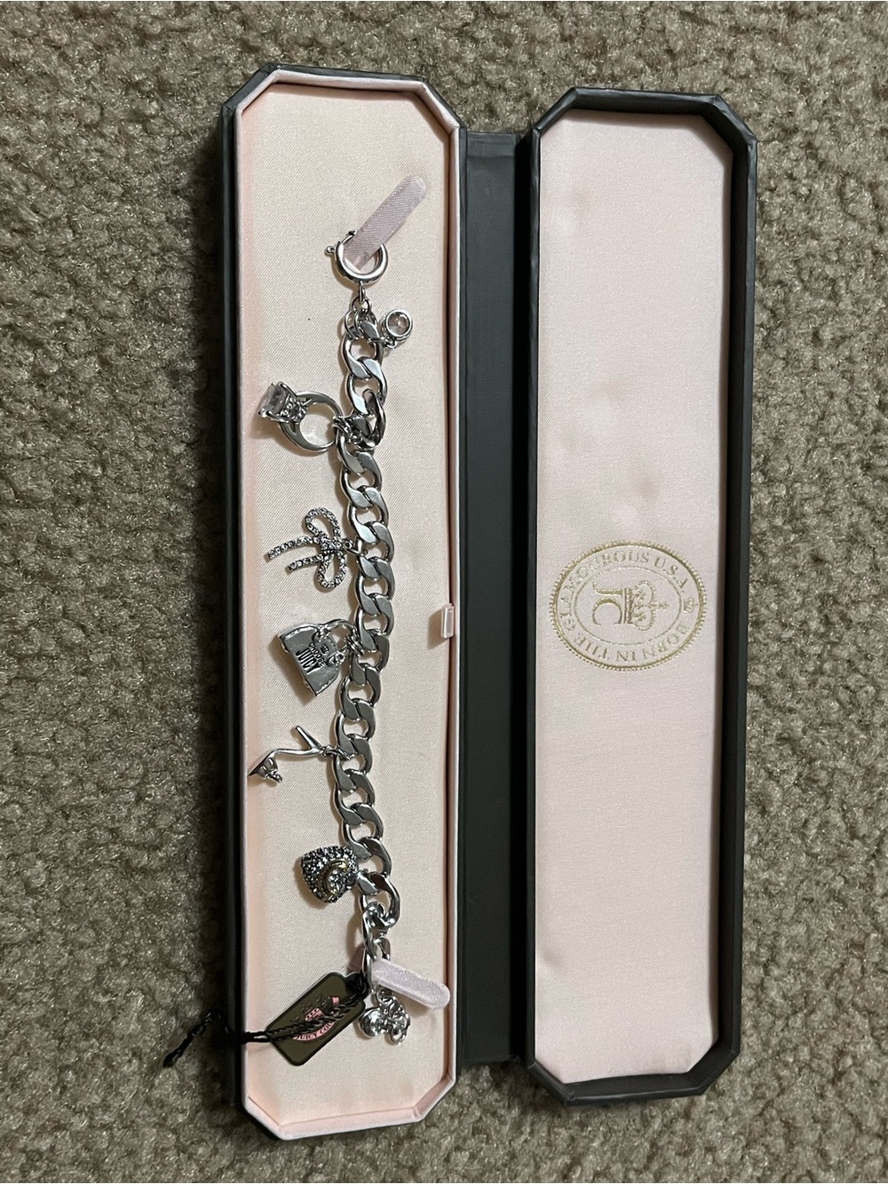 Juicy Couture Silver Charm Bracelet with Heart & Bow Charms
